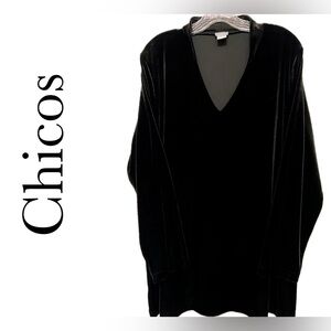 CHICO’S TUNIC TOP BLACK SHIMMERING SOFT VELVET MSRP $109.  SIZE:3 Never worn